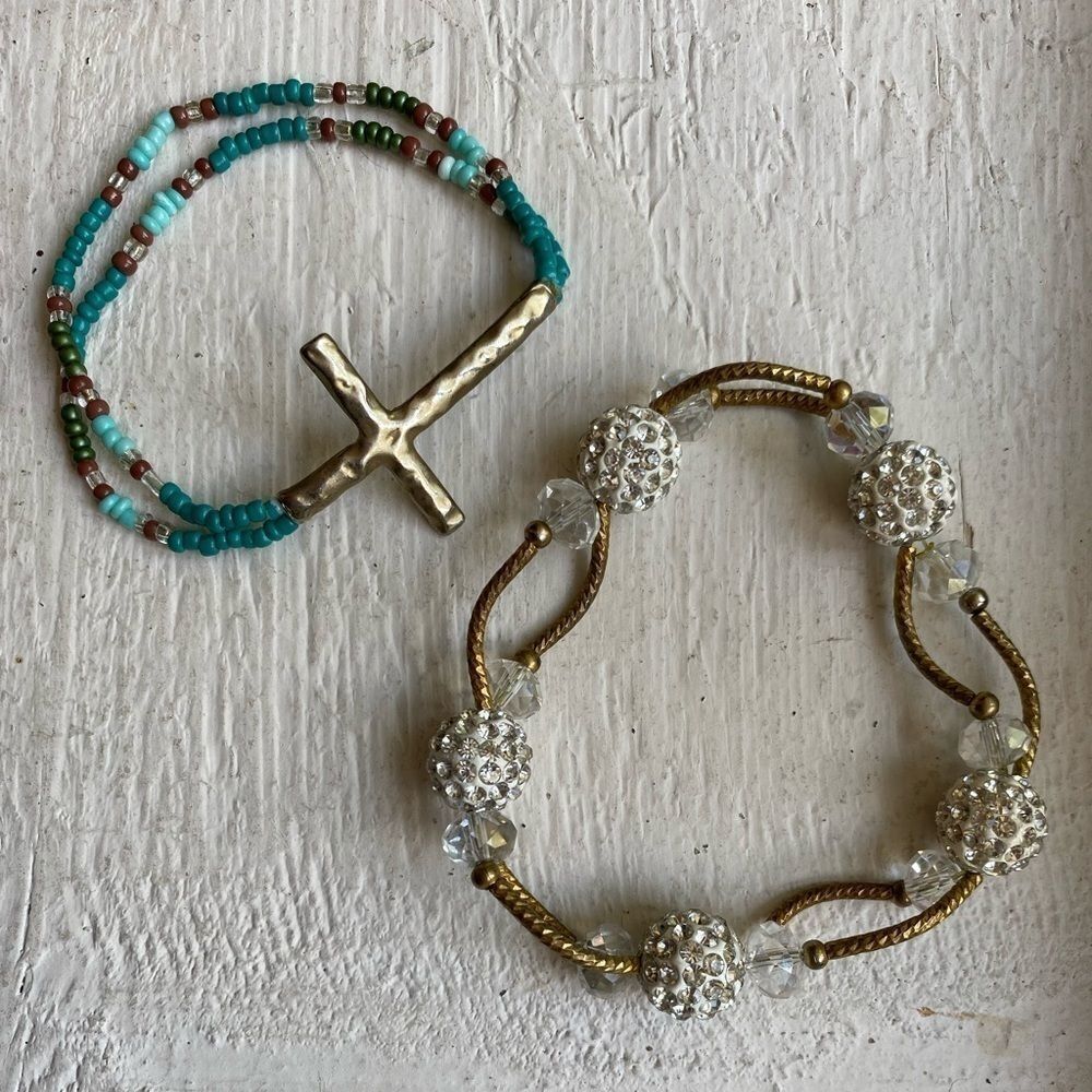 GOLD, beads and crystals stretchy‎ bracelet duo set